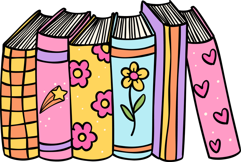 Retro Groovy Book stacked Pastel Trendy Doodle Drawing  Bookish Flower Art